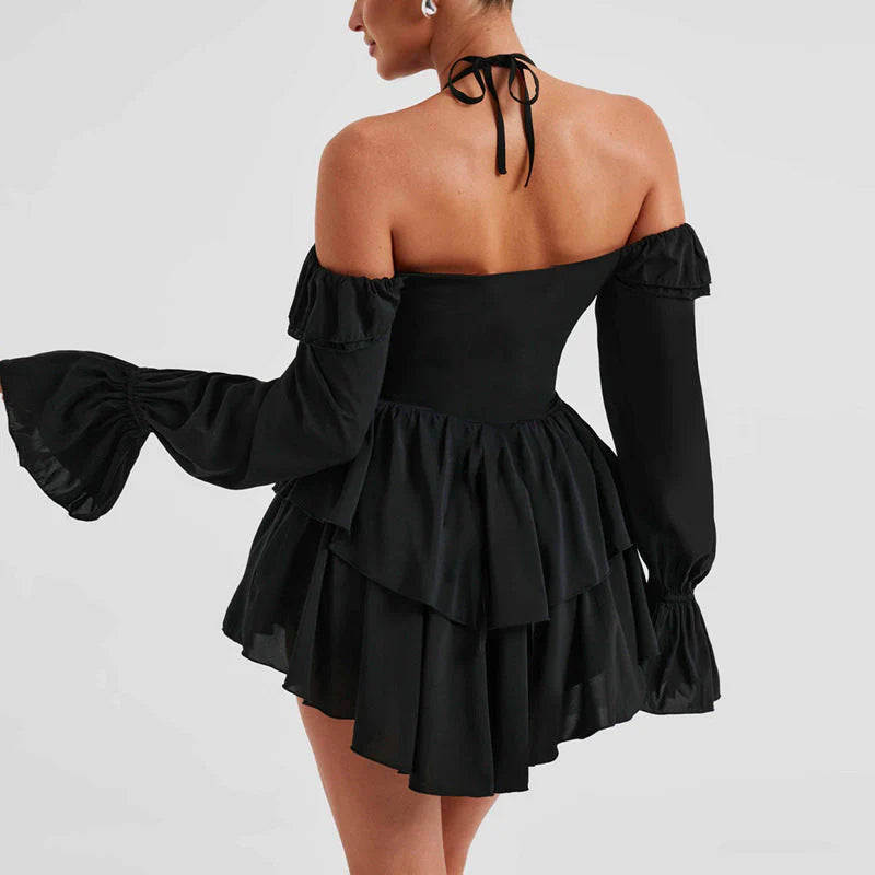 Kvinnors miniklänning – Off-shoulder halterneck – Långärmad – Volangkant – Lös, fladdrig passform